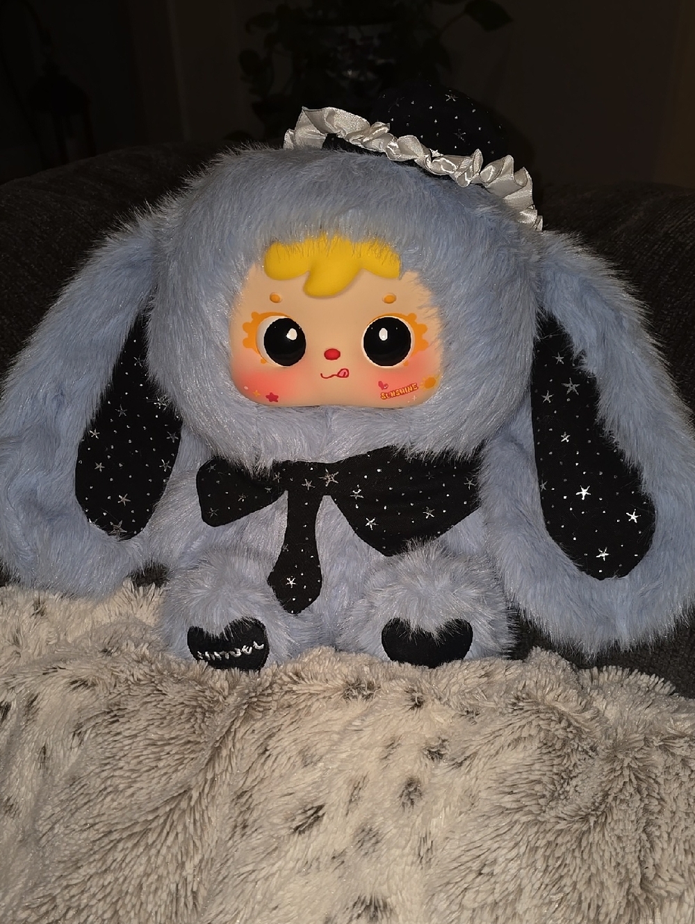 Plush Bunny Doll with Starry Black Collar With Tie - Light Blue Fur